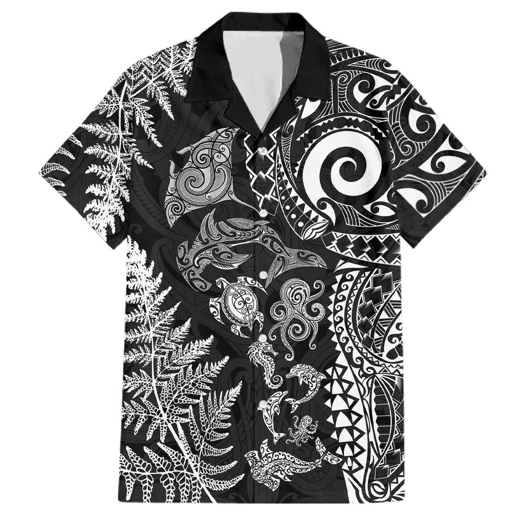New Zealand Sea Animals Family Matching Summer Maxi Dress and Hawaiian Shirt with Maori Koru Tribal Tattoo and Silver Ferns Black Color