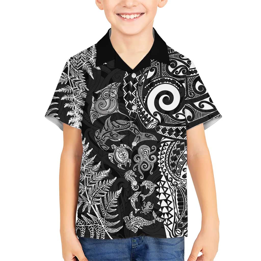 New Zealand Sea Animals Family Matching Summer Maxi Dress and Hawaiian Shirt with Maori Koru Tribal Tattoo and Silver Ferns Black Color