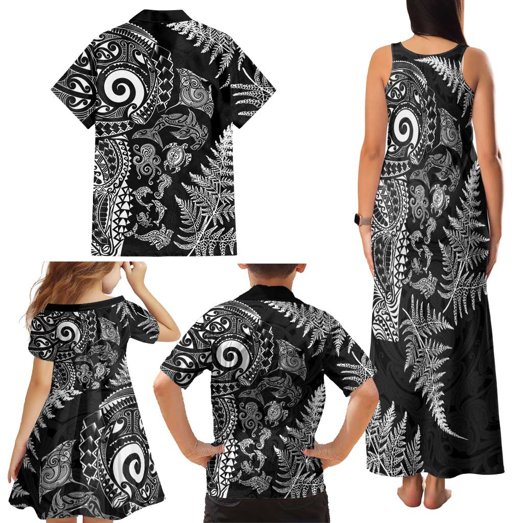 New Zealand Sea Animals Family Matching Tank Maxi Dress and Hawaiian Shirt with Maori Koru Tribal Tattoo and Silver Ferns Black Color