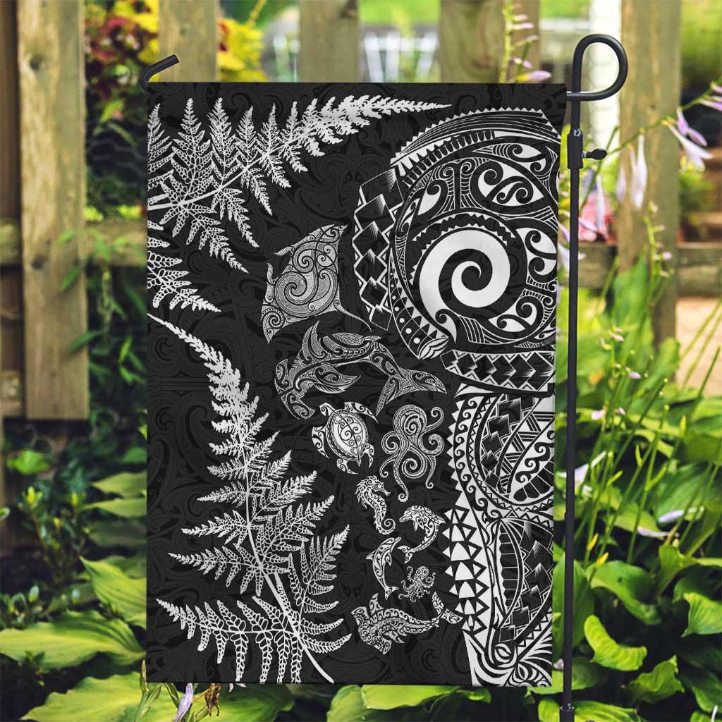 New Zealand Sea Animals Garden Flag with Maori Koru Tribal Tattoo and Silver Ferns Black Color