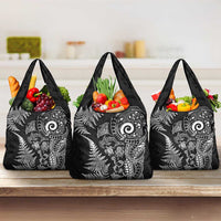 New Zealand Sea Animals Grocery Bag with Maori Koru Tribal Tattoo and Silver Ferns Black Color