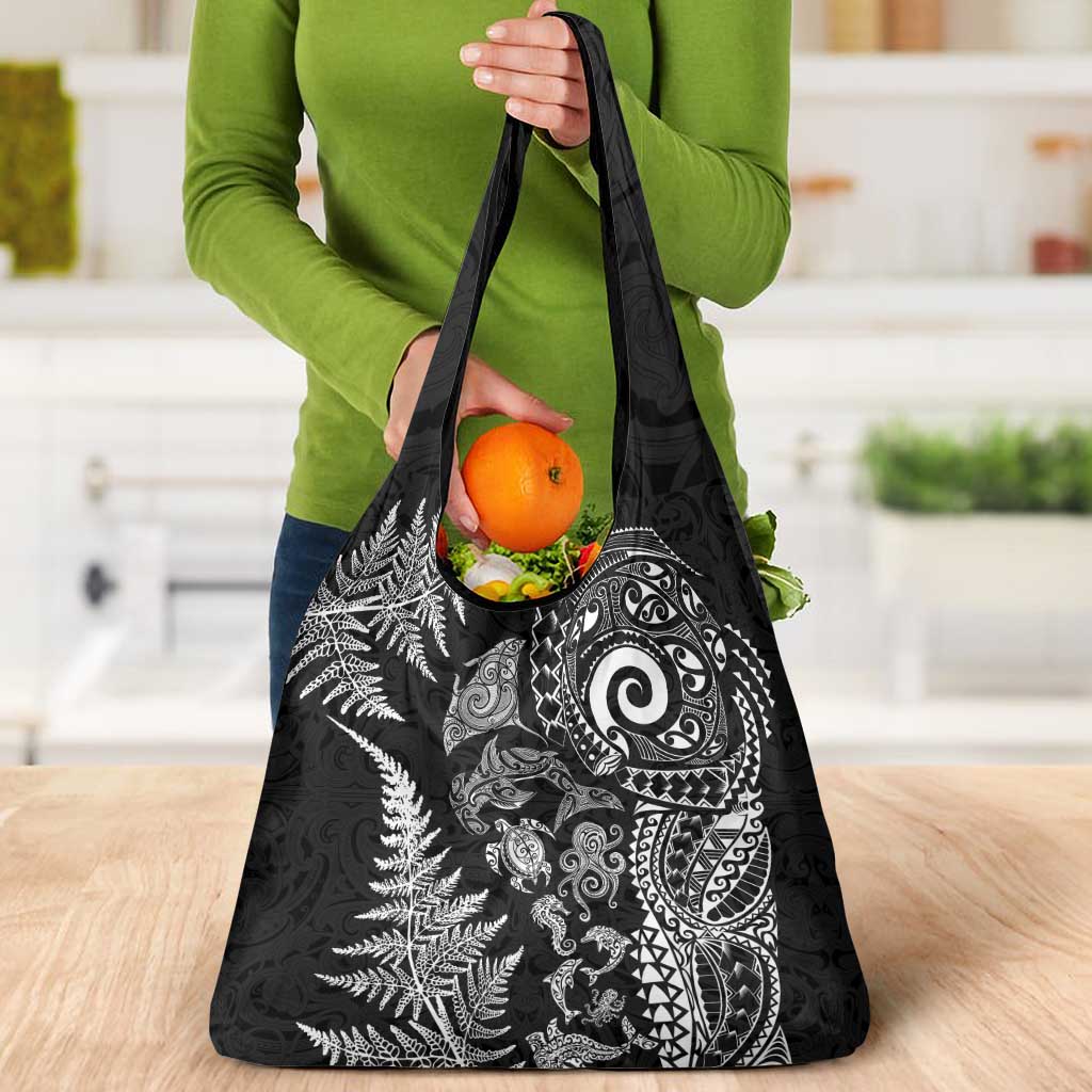 New Zealand Sea Animals Grocery Bag with Maori Koru Tribal Tattoo and Silver Ferns Black Color