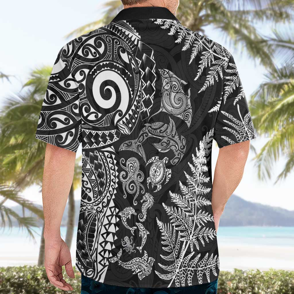 New Zealand Sea Animals Hawaiian Shirt with Maori Koru Tribal Tattoo and Silver Ferns Black Color