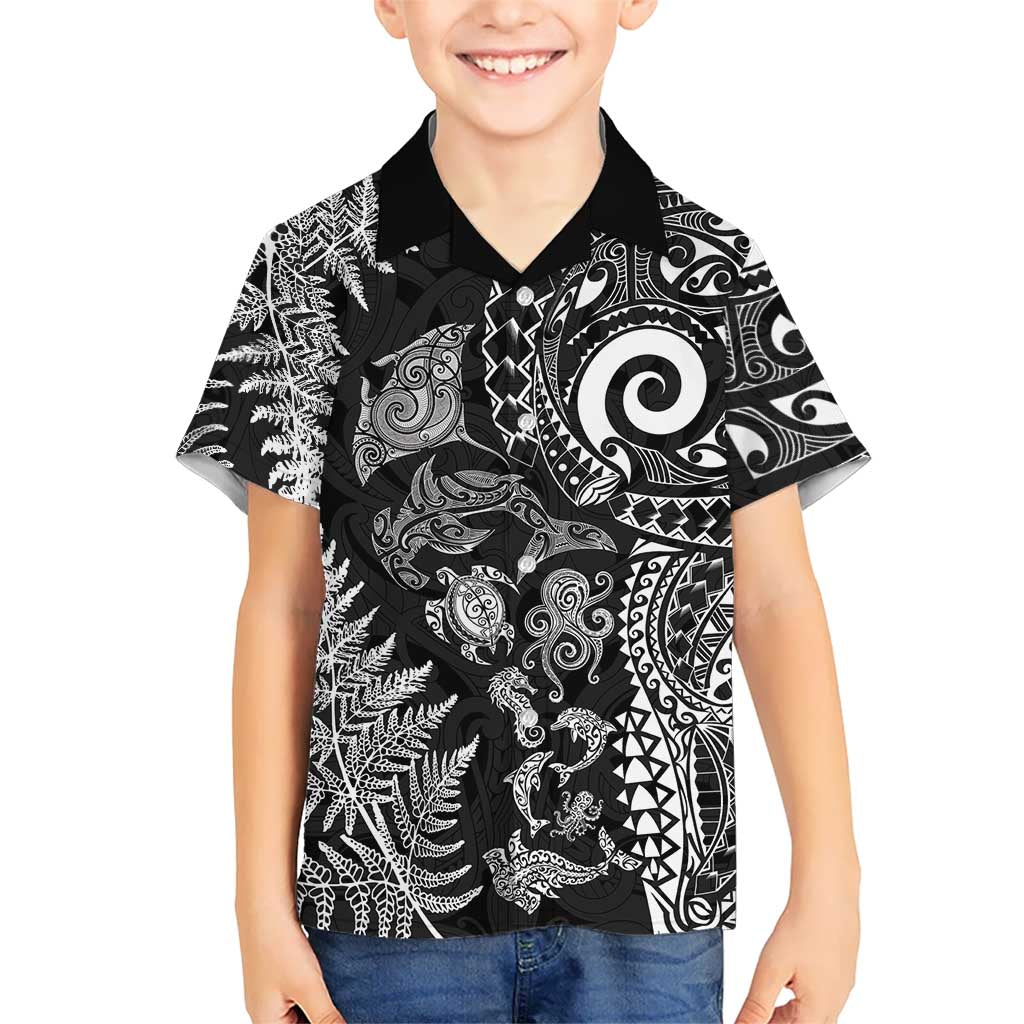 New Zealand Sea Animals Hawaiian Shirt with Maori Koru Tribal Tattoo and Silver Ferns Black Color