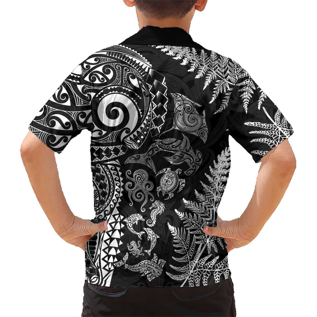 New Zealand Sea Animals Hawaiian Shirt with Maori Koru Tribal Tattoo and Silver Ferns Black Color