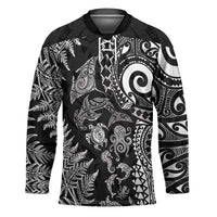 New Zealand Sea Animals Hockey Jersey with Maori Koru Tribal Tattoo and Silver Ferns Black Color