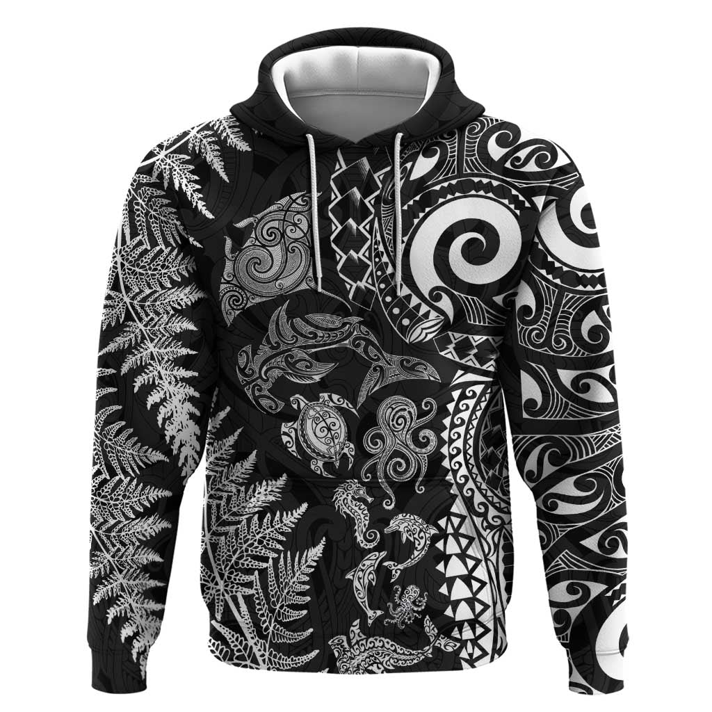 New Zealand Sea Animals Hoodie with Maori Koru Tribal Tattoo and Silver Ferns Black Color