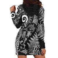 New Zealand Sea Animals Hoodie Dress with Maori Koru Tribal Tattoo and Silver Ferns Black Color