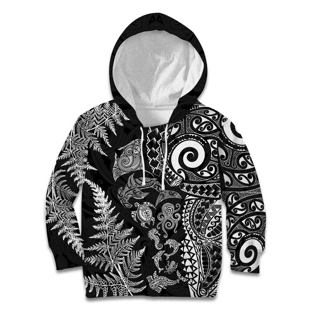 New Zealand Sea Animals Kid Hoodie with Maori Koru Tribal Tattoo and Silver Ferns Black Color