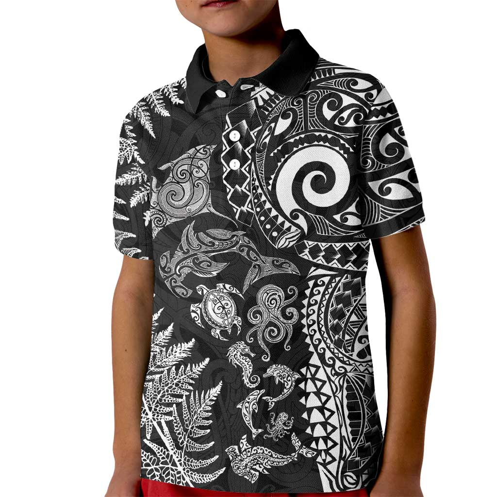 New Zealand Sea Animals Kid Polo Shirt with Maori Koru Tribal Tattoo and Silver Ferns Black Color