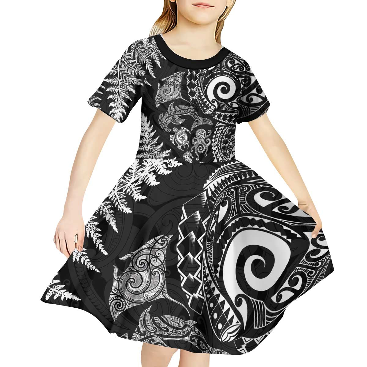New Zealand Sea Animals Kid Short Sleeve Dress with Maori Koru Tribal Tattoo and Silver Ferns Black Color