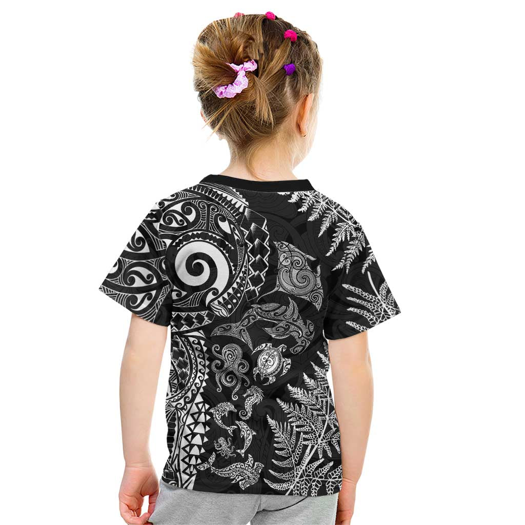 New Zealand Sea Animals Kid T Shirt with Maori Koru Tribal Tattoo and Silver Ferns Black Color