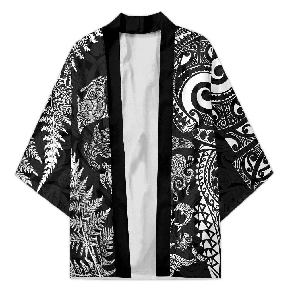 New Zealand Sea Animals Kimono with Maori Koru Tribal Tattoo and Silver Ferns Black Color