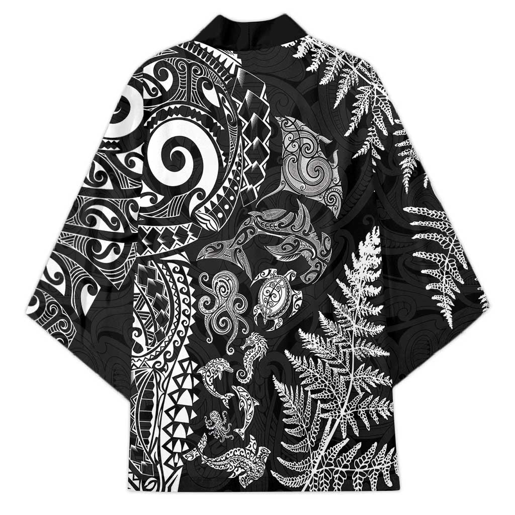 New Zealand Sea Animals Kimono with Maori Koru Tribal Tattoo and Silver Ferns Black Color