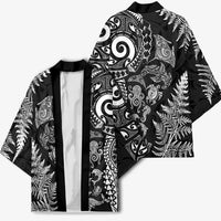 New Zealand Sea Animals Kimono with Maori Koru Tribal Tattoo and Silver Ferns Black Color