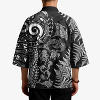 New Zealand Sea Animals Kimono with Maori Koru Tribal Tattoo and Silver Ferns Black Color