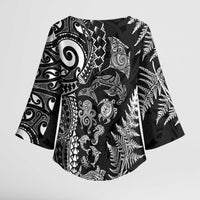 New Zealand Sea Animals Kimono Sleeve Blouse with Maori Koru Tribal Tattoo and Silver Ferns Black Color