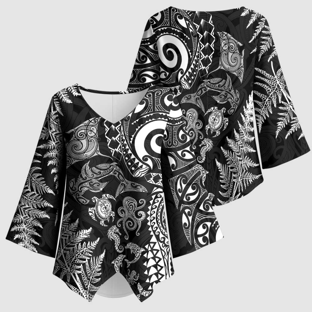New Zealand Sea Animals Kimono Sleeve Blouse with Maori Koru Tribal Tattoo and Silver Ferns Black Color