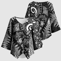 New Zealand Sea Animals Kimono Sleeve Blouse with Maori Koru Tribal Tattoo and Silver Ferns Black Color