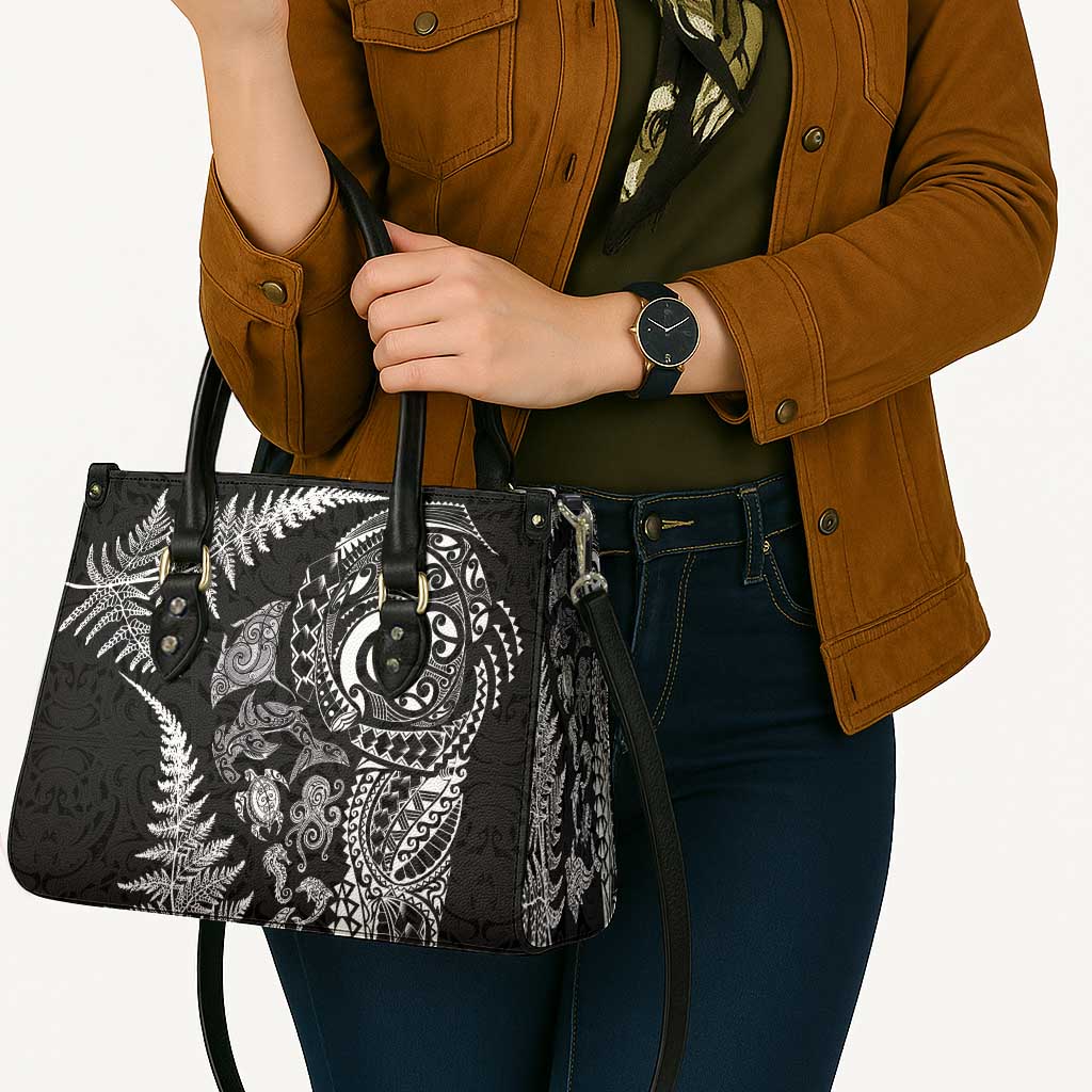 New Zealand Sea Animals Leather Bag with Maori Koru Tribal Tattoo and Silver Ferns Black Color