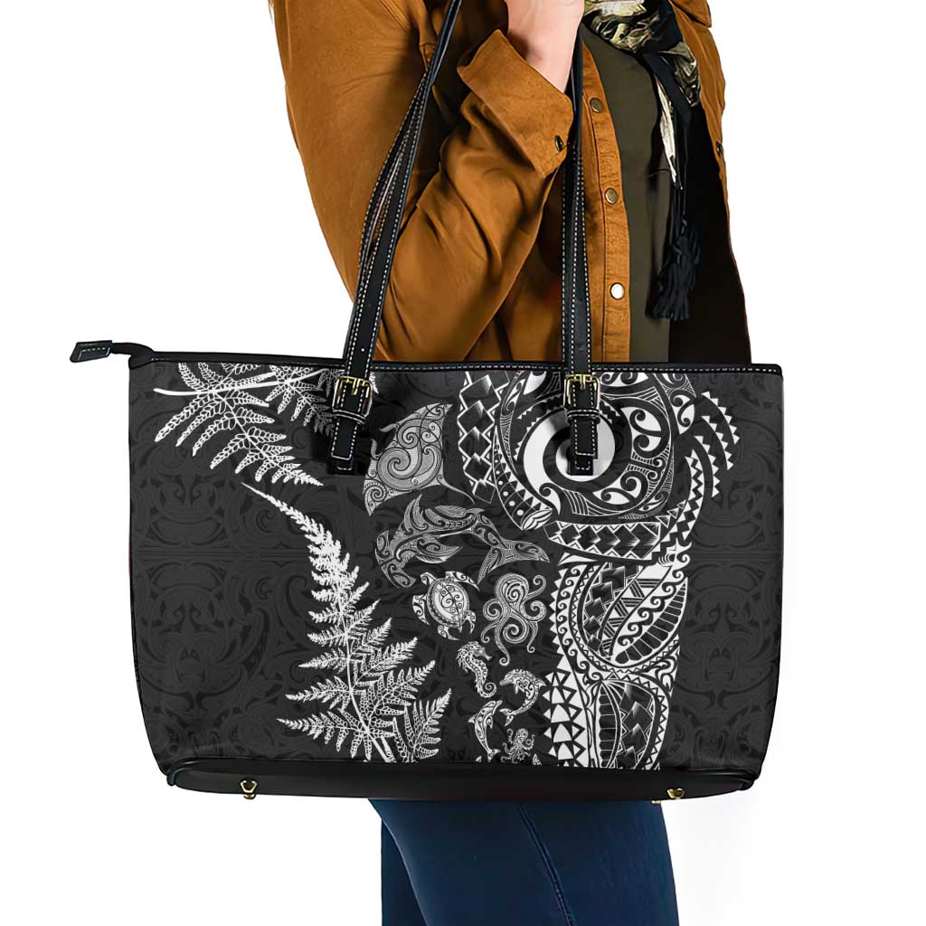New Zealand Sea Animals Leather Tote Bag with Maori Koru Tribal Tattoo and Silver Ferns Black Color