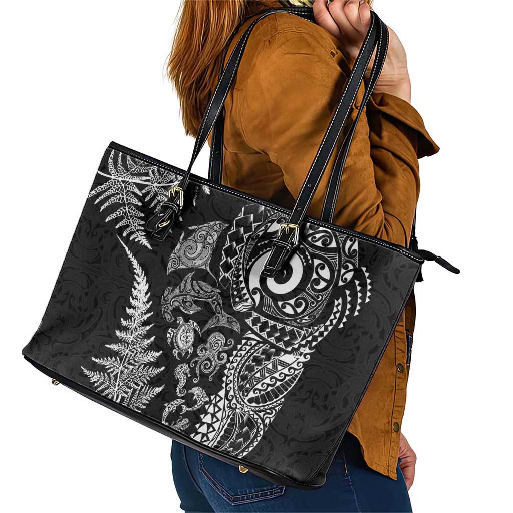 New Zealand Sea Animals Leather Tote Bag with Maori Koru Tribal Tattoo and Silver Ferns Black Color