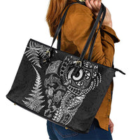 New Zealand Sea Animals Leather Tote Bag with Maori Koru Tribal Tattoo and Silver Ferns Black Color