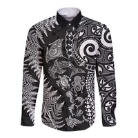 New Zealand Sea Animals Long Sleeve Button Shirt with Maori Koru Tribal Tattoo and Silver Ferns Black Color
