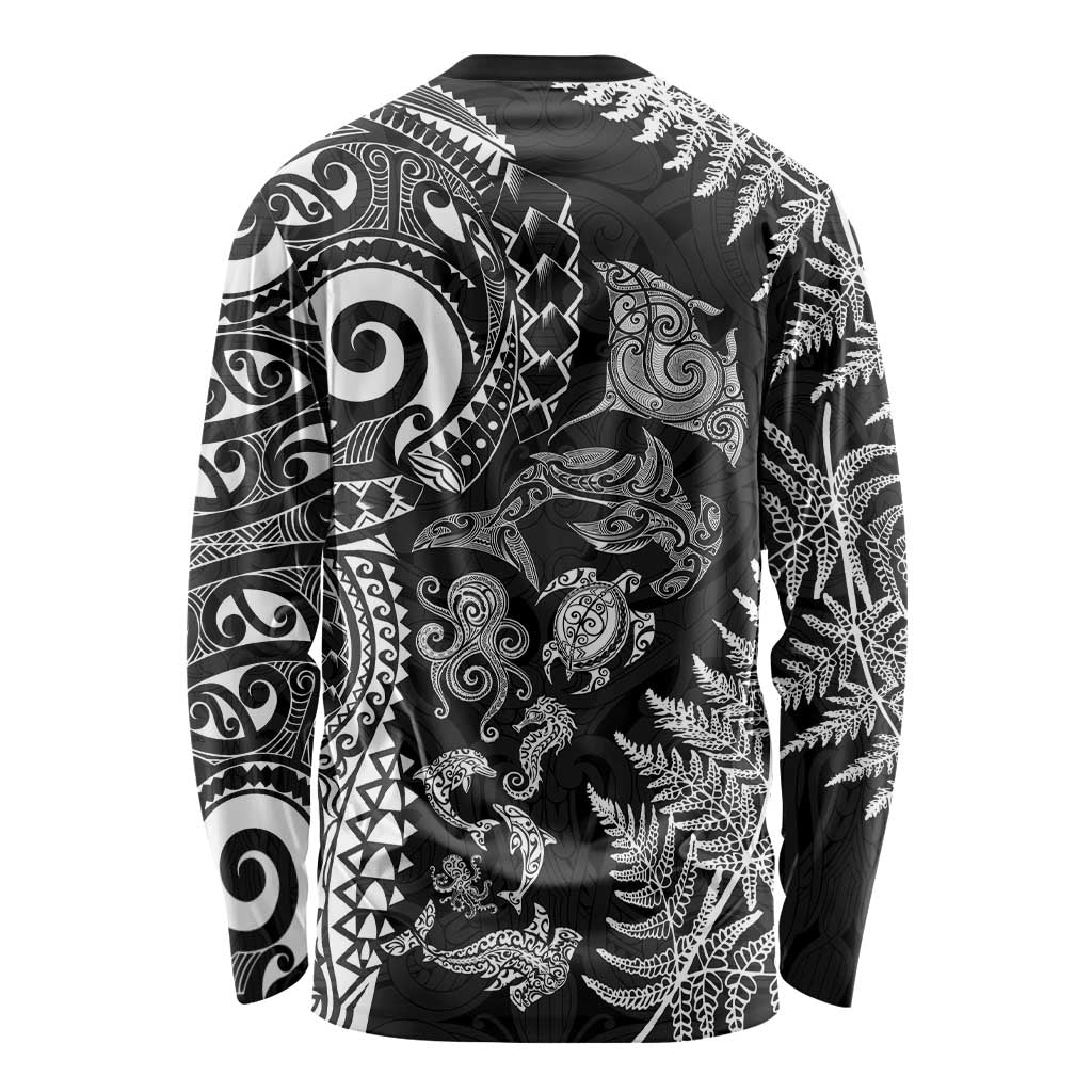New Zealand Sea Animals Long Sleeve Shirt with Maori Koru Tribal Tattoo and Silver Ferns Black Color