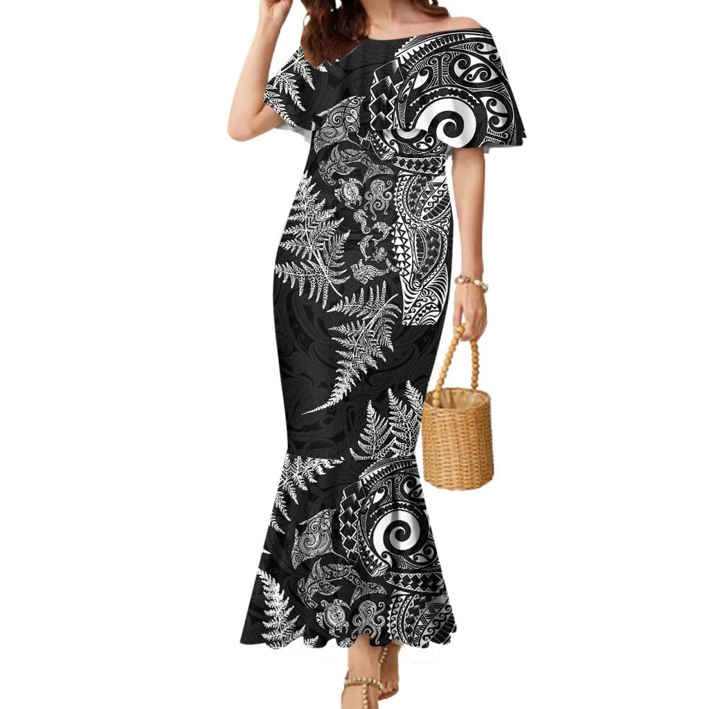 New Zealand Sea Animals Mermaid Dress with Maori Koru Tribal Tattoo and Silver Ferns Black Color