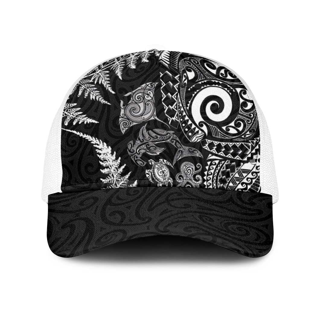 New Zealand Sea Animals Mesh Trucker Cap with Maori Koru Tribal Tattoo and Silver Ferns Black Color