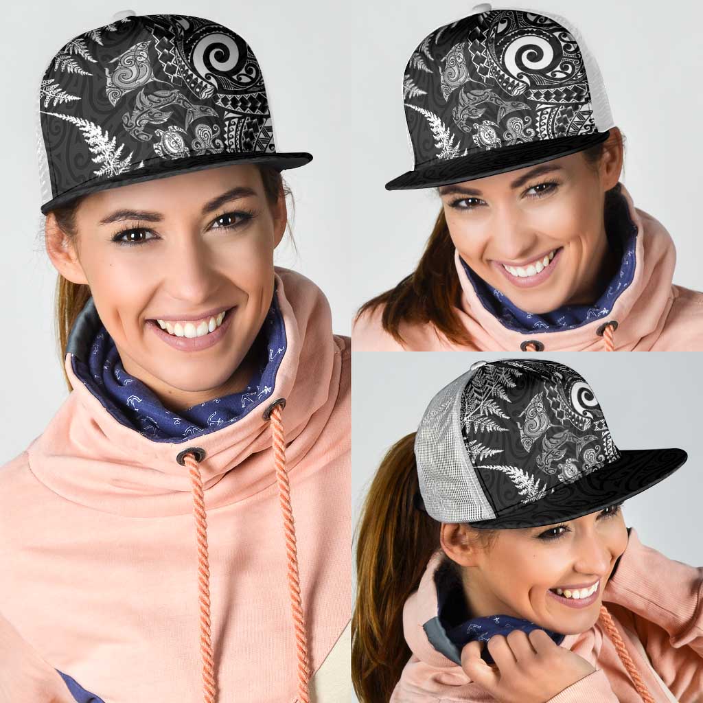 New Zealand Sea Animals Mesh Trucker Cap with Maori Koru Tribal Tattoo and Silver Ferns Black Color LT03 - Polynesian Pride