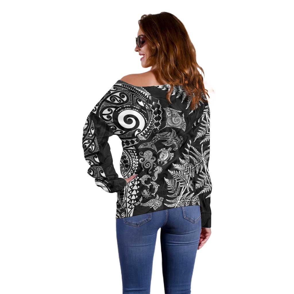New Zealand Sea Animals Off Shoulder Sweater with Maori Koru Tribal Tattoo and Silver Ferns Black Color