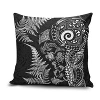 New Zealand Sea Animals Pillow Cover with Maori Koru Tribal Tattoo and Silver Ferns Black Color