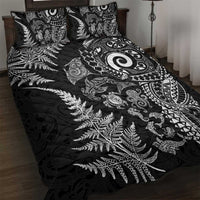 New Zealand Sea Animals Quilt Bed Set with Maori Koru Tribal Tattoo and Silver Ferns Black Color