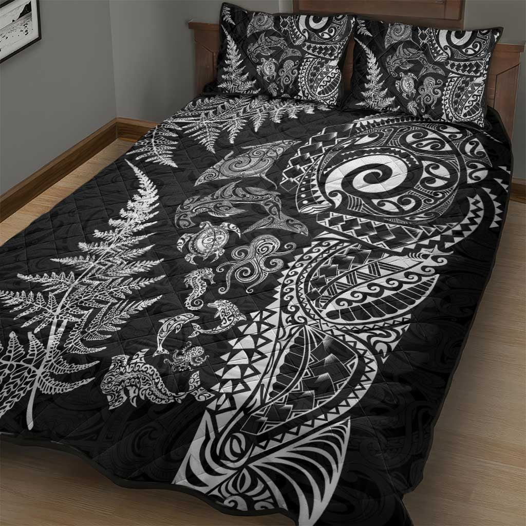 New Zealand Sea Animals Quilt Bed Set with Maori Koru Tribal Tattoo and Silver Ferns Black Color