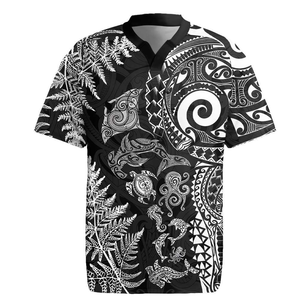 New Zealand Sea Animals Rugby Jersey with Maori Koru Tribal Tattoo and Silver Ferns Black Color LT03 Black - Polynesian Pride