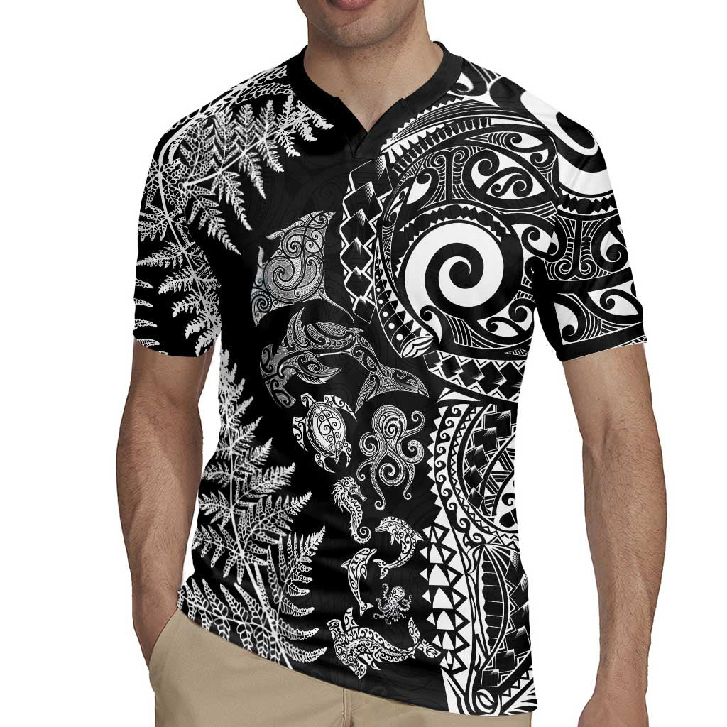 New Zealand Sea Animals Rugby Jersey with Maori Koru Tribal Tattoo and Silver Ferns Black Color