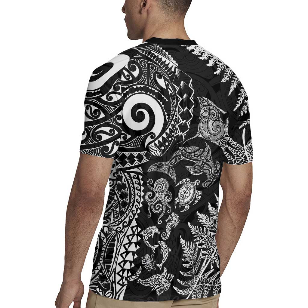 New Zealand Sea Animals Rugby Jersey with Maori Koru Tribal Tattoo and Silver Ferns Black Color