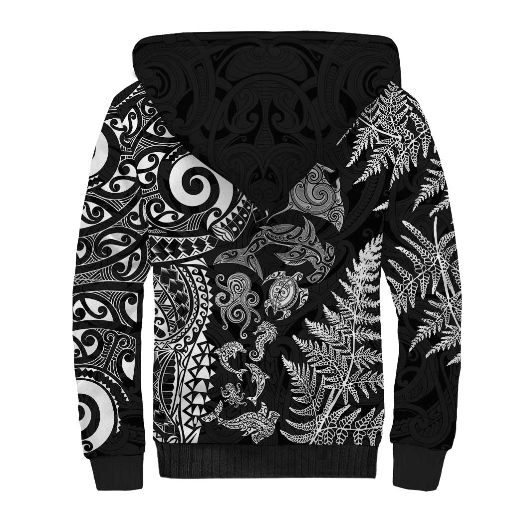 New Zealand Sea Animals Sherpa Hoodie with Maori Koru Tribal Tattoo and Silver Ferns Black Color