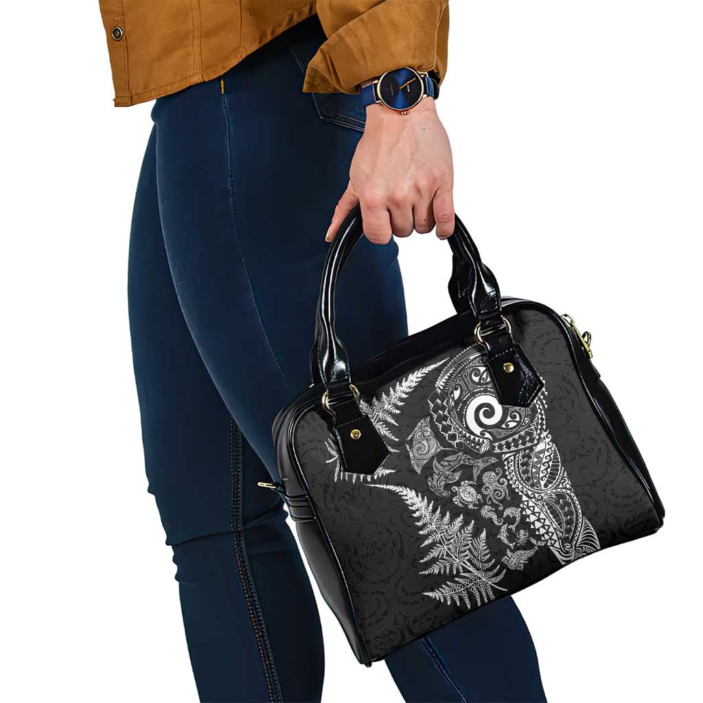 New Zealand Sea Animals Shoulder Handbag with Maori Koru Tribal Tattoo and Silver Ferns Black Color