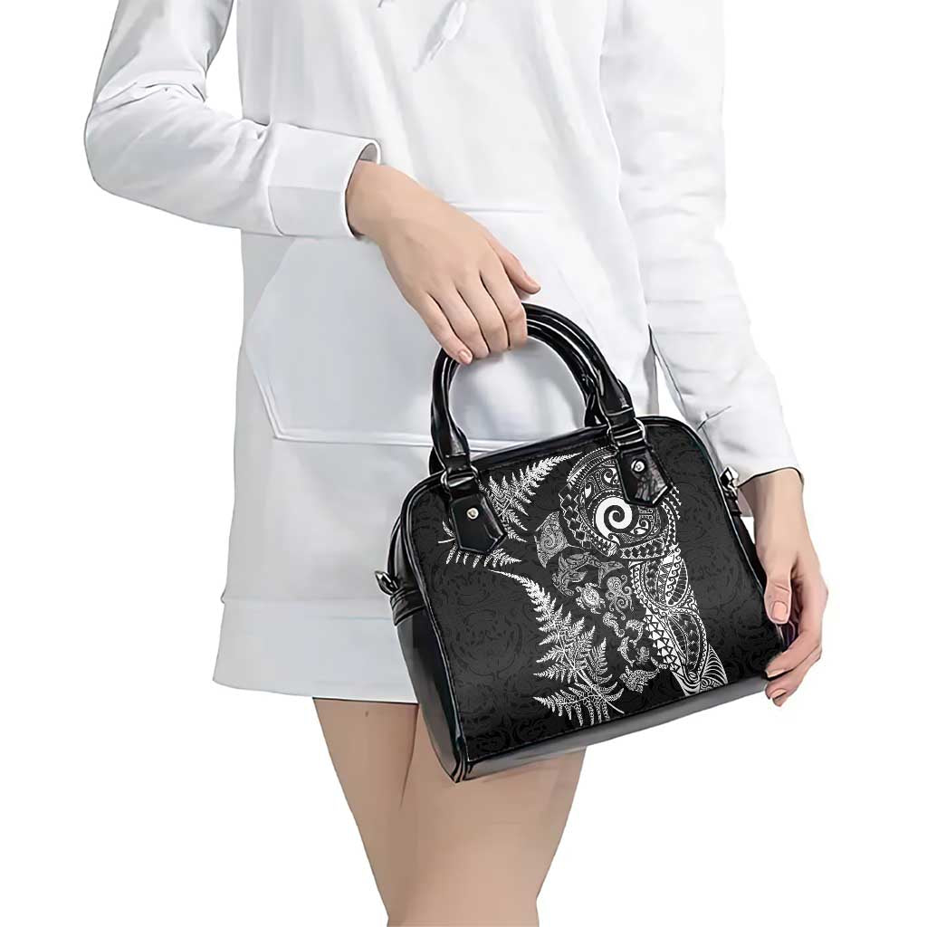 New Zealand Sea Animals Shoulder Handbag with Maori Koru Tribal Tattoo and Silver Ferns Black Color