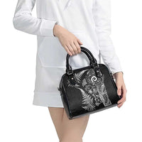 New Zealand Sea Animals Shoulder Handbag with Maori Koru Tribal Tattoo and Silver Ferns Black Color