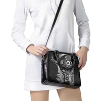 New Zealand Sea Animals Shoulder Handbag with Maori Koru Tribal Tattoo and Silver Ferns Black Color