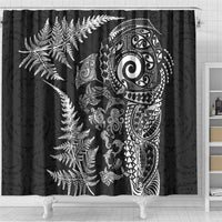 New Zealand Sea Animals Shower Curtain with Maori Koru Tribal Tattoo and Silver Ferns Black Color