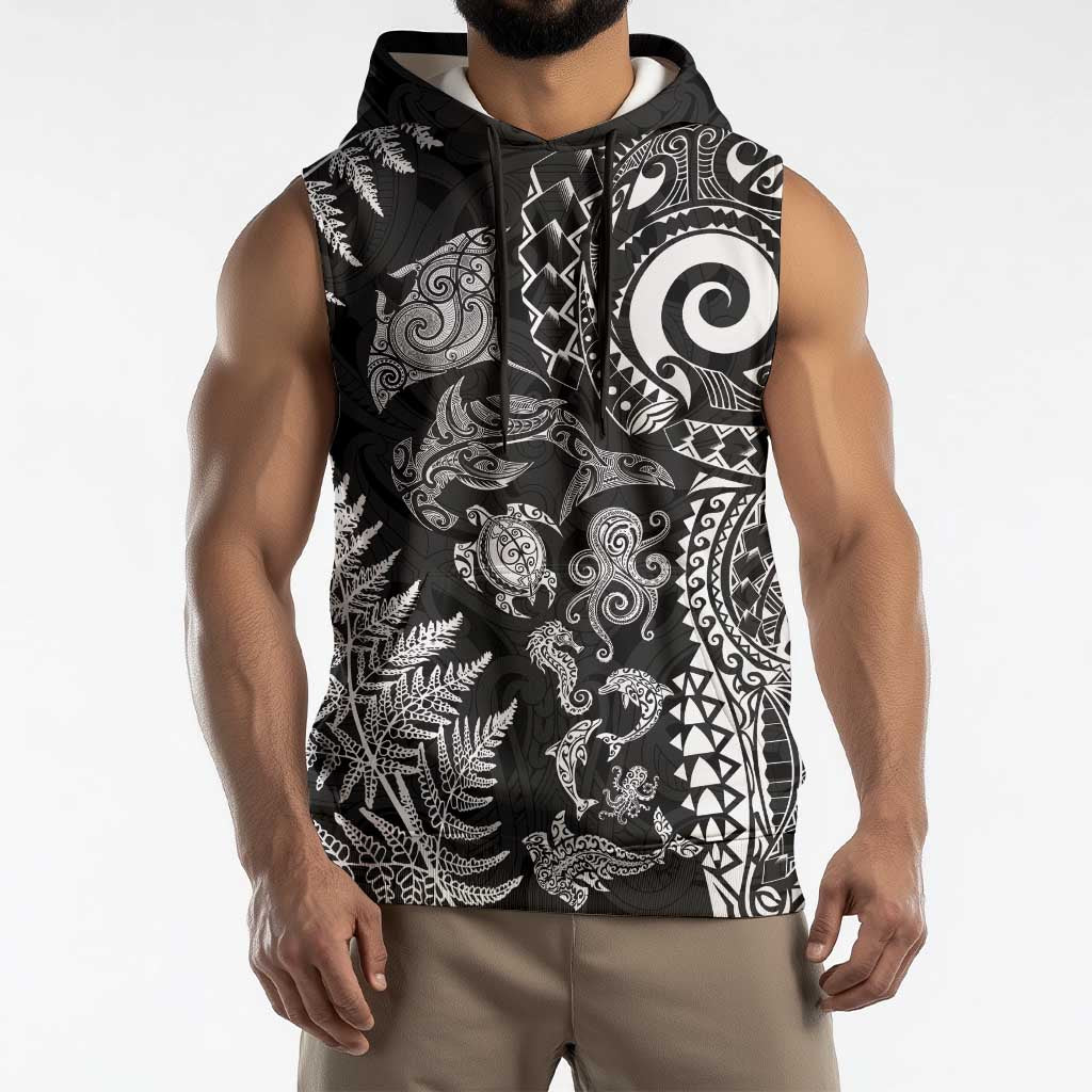 New Zealand Sea Animals Sleeveless Hoodie with Maori Koru Tribal Tattoo and Silver Ferns Black Color