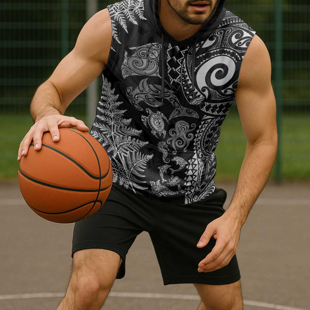 New Zealand Sea Animals Sleeveless Hoodie with Maori Koru Tribal Tattoo and Silver Ferns Black Color