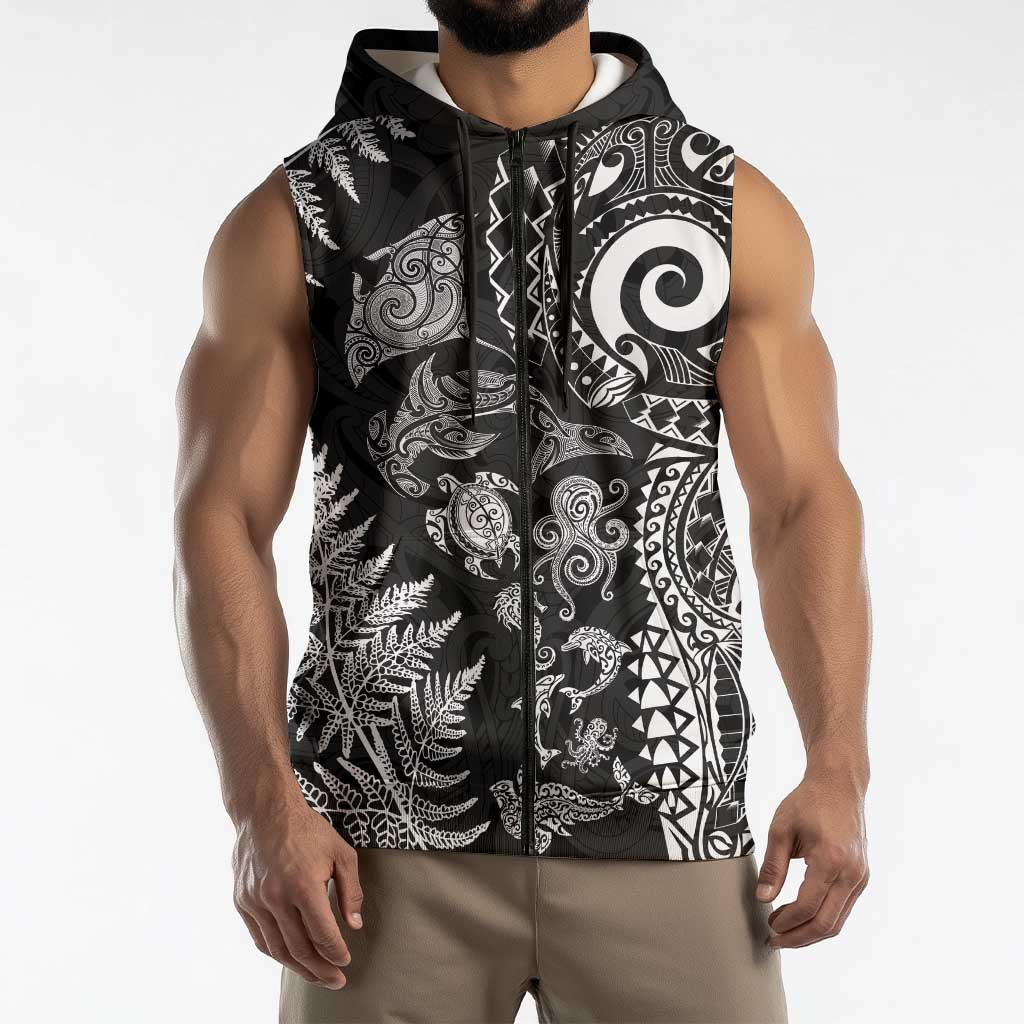New Zealand Sea Animals Sleeveless Zip Hoodie with Maori Koru Tribal Tattoo and Silver Ferns Black Color