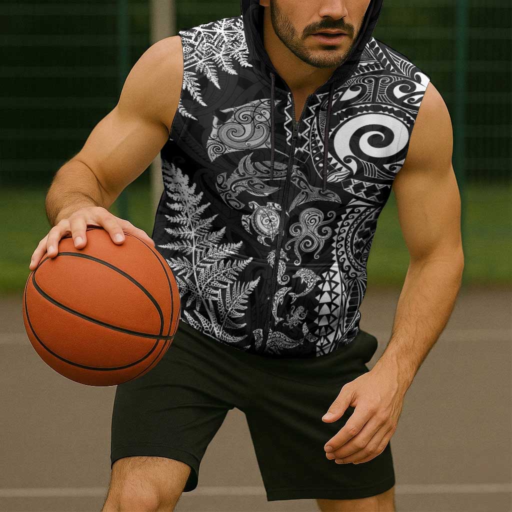New Zealand Sea Animals Sleeveless Zip Hoodie with Maori Koru Tribal Tattoo and Silver Ferns Black Color