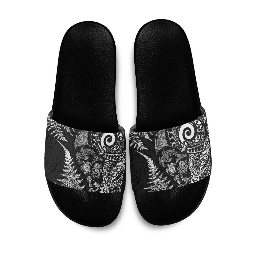 New Zealand Sea Animals Slide Sandals with Maori Koru Tribal Tattoo and Silver Ferns Black Color